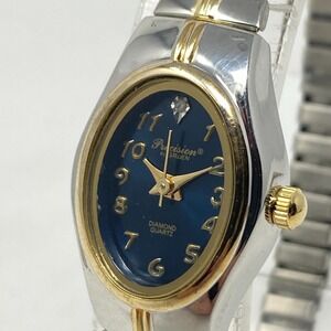 Gruen Precision Diamond Watch Women Silver Gold Tone Blue Dial New Battery 6"